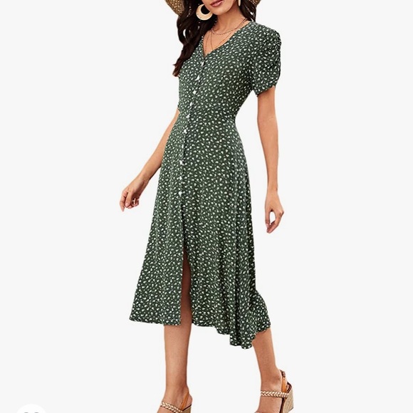 Floral Print V Neck Button Front Short Sleeve Split A Line Midi Dress Green - Picture 2 of 5